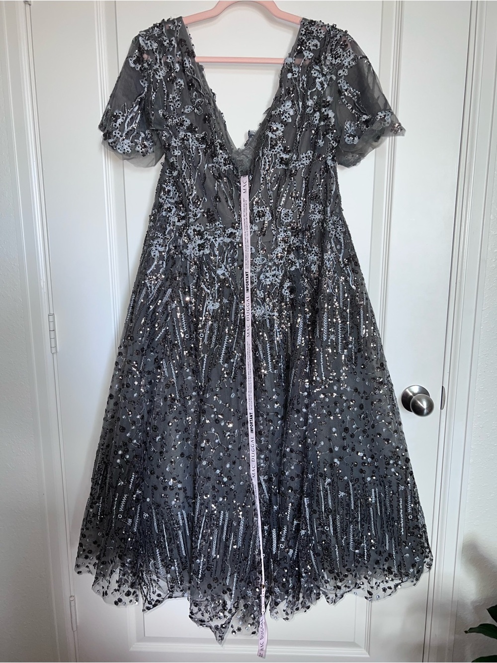 MAC DUGGAL Gray Embellished Butterfly Fit and Flare Midi Dress 20392 size 16 - Picture 4 of 9